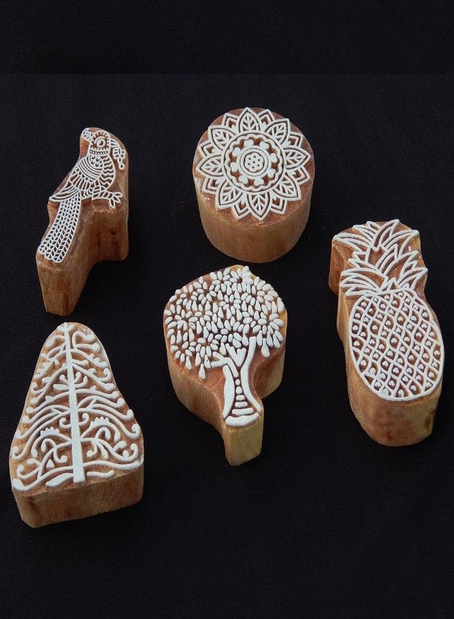 ecofynd Wood Block Stamps (Pack of 5), Wooden Blocks for Block Printing Stamp Set, Artistic Shapes Craft Kids Saree Border DIY Henna Fabric Textile Paper Clay Pottery Hand-Carved (BLOCK019) - Image 3
